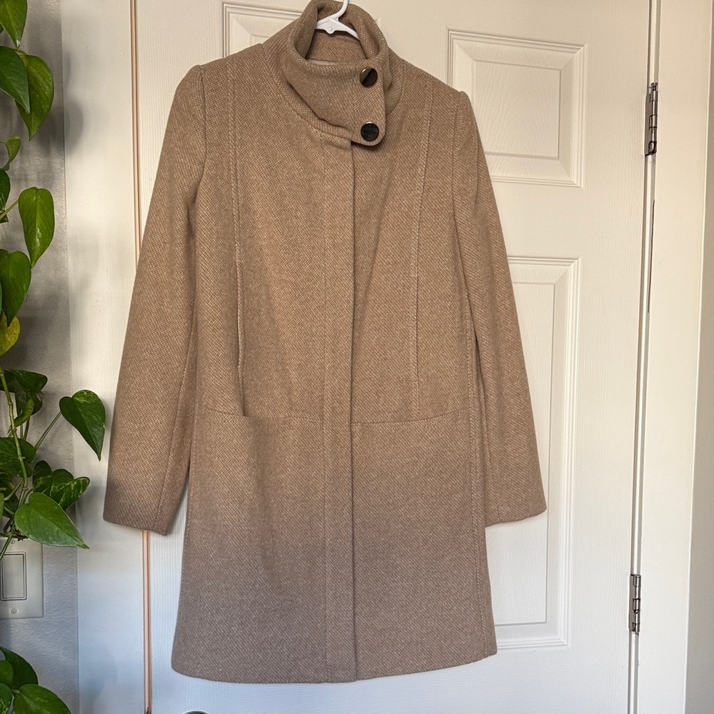 Mango Stylish Tan Coat with Gold Button Mock Neck Collar